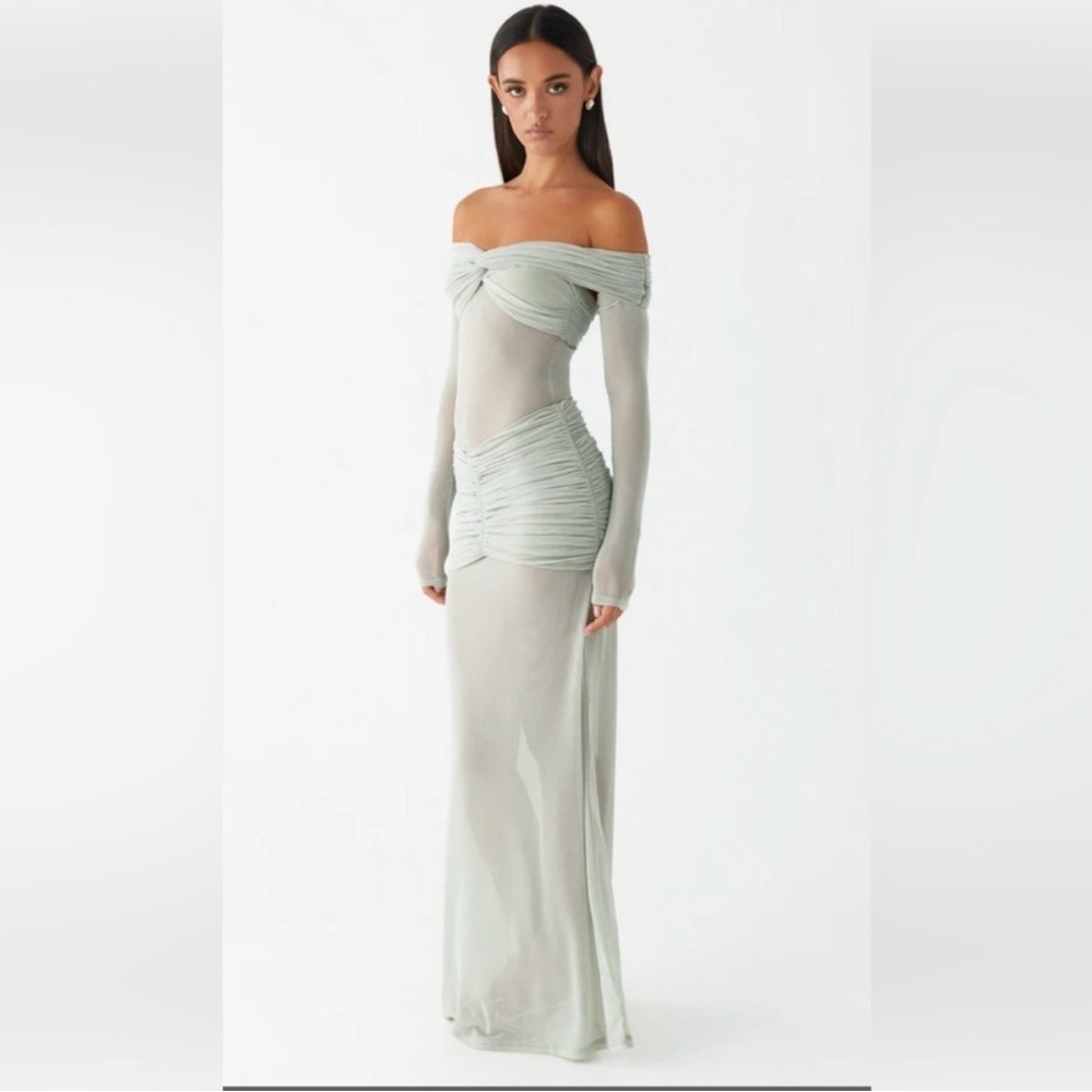NWT-Peppermayo Sage Green Off Shoulder Maxi Dress Ruched Formal